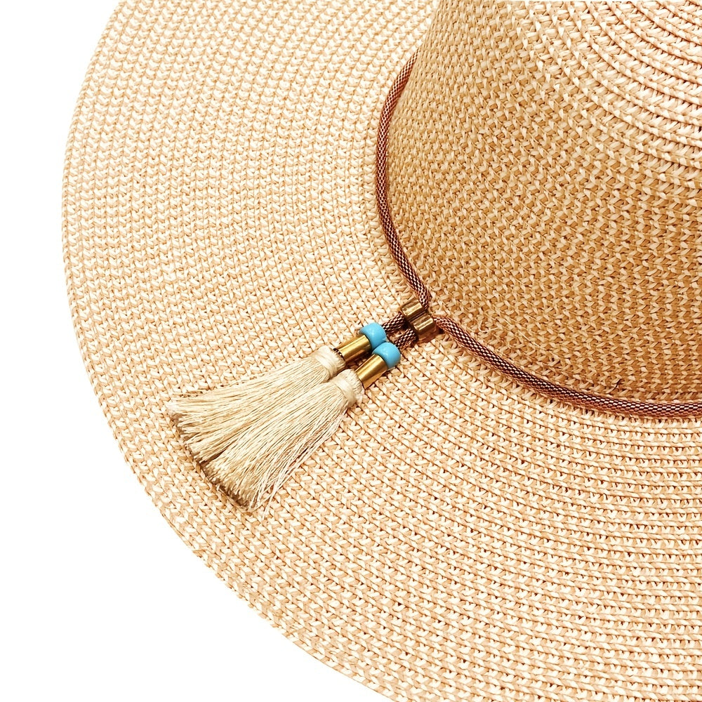 Boho Sun Hat Tassel Chain Decor Straw Beach Hat
