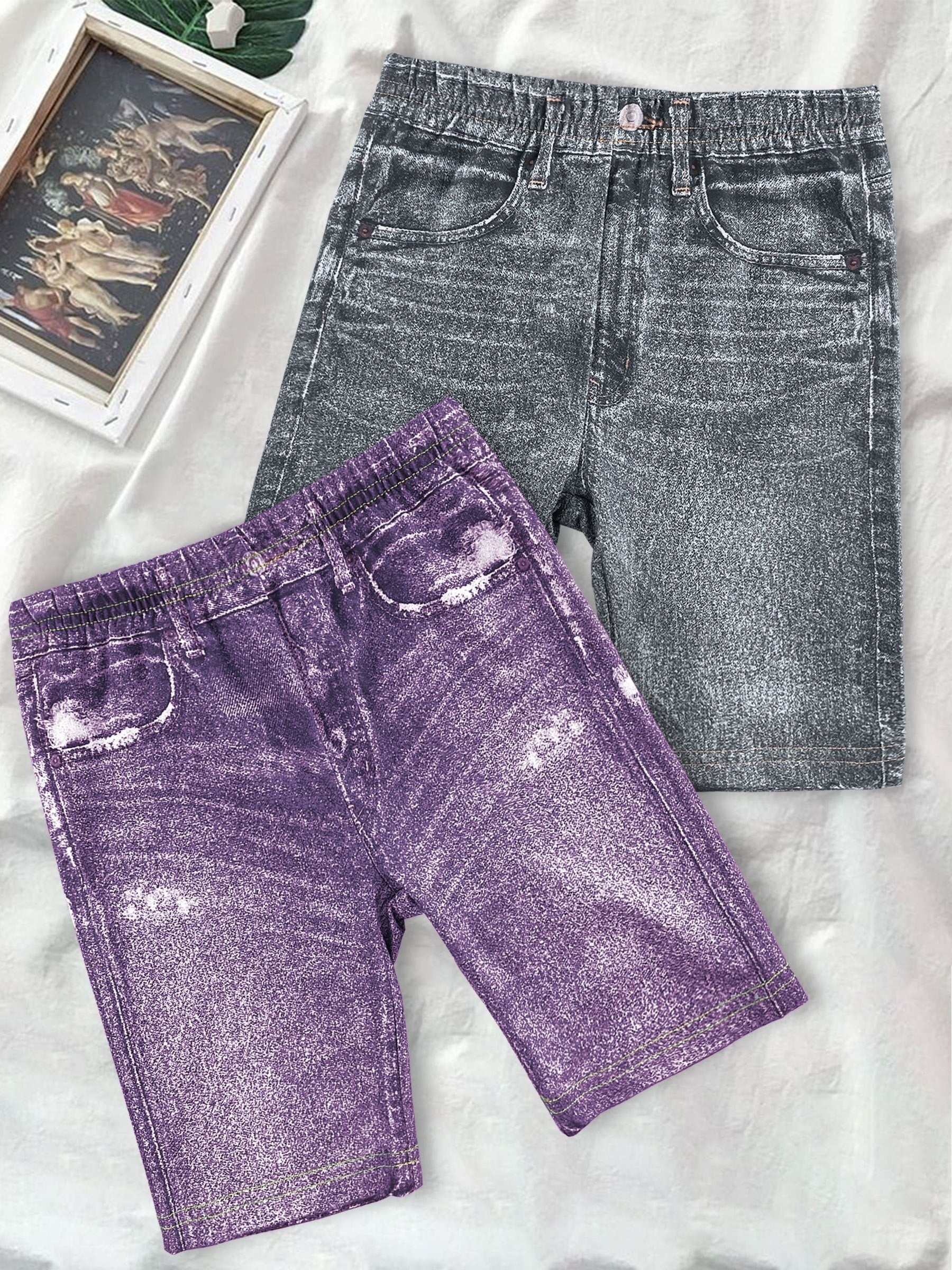2pcs Girls' Denim Graphic Bike Shorts for Summer
