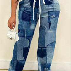  Colorblock Denim Print High Rise Jogger Trousers