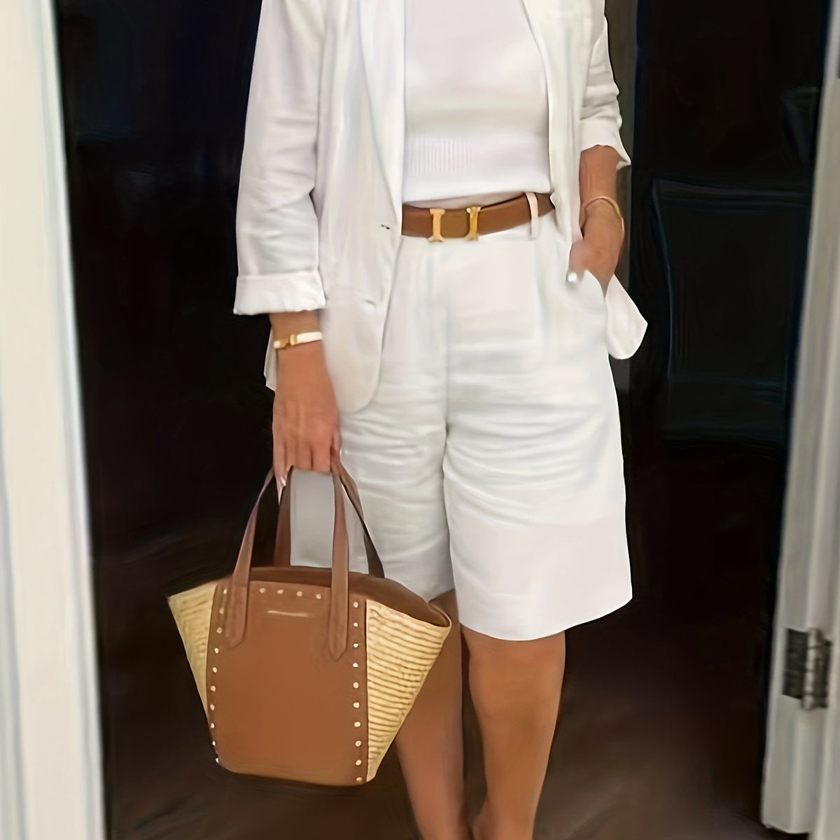  Basic Blazer & Shorts Suit Sets Women's Plus Solid Lapel Collar