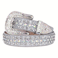 Men's Rhinestone Belt Flower Buckle Crystal Studded Cowgirl Cowboy Strap Jeans
