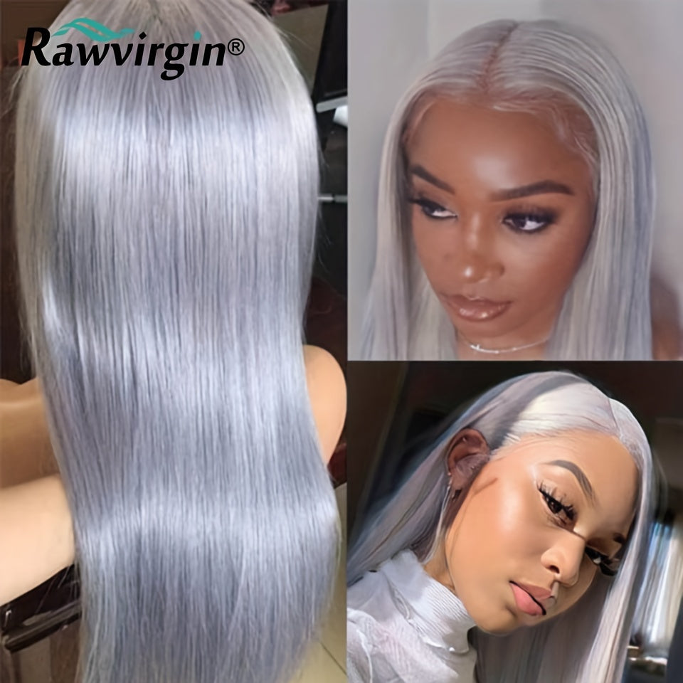 13x4 Silk Grey Straight Lace Frontal Human Hair Wig Preplucked Colored Brazilian