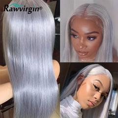 13x4 Silk Grey Straight Lace Frontal Human Hair Wig Preplucked Colored Brazilian