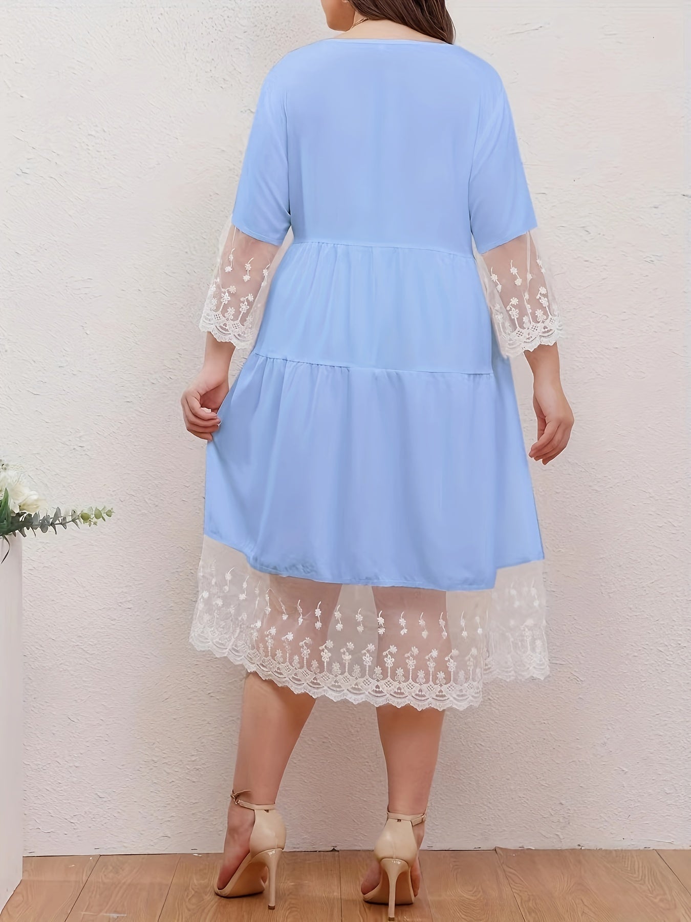  Solid Lace Floral Trim Casual Dress