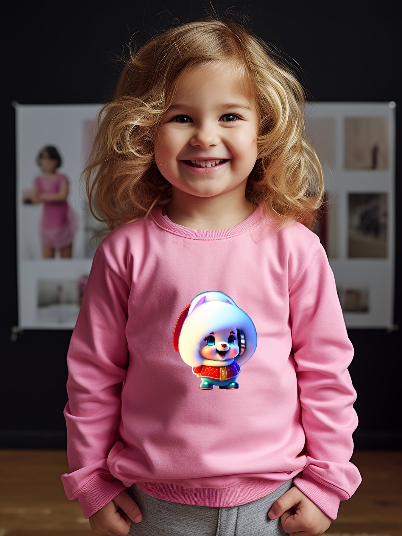 Cartoon Pattern Girls Sweatshirt Long Sleeve Crew Neck Kids Clothing
