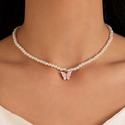 Beaded Necklace Faux Pearls Butterfly Choker Chain for Women