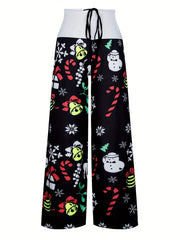  Christmas Pants Women's Plus Gift & Snowflake Print Elastic Drawstring