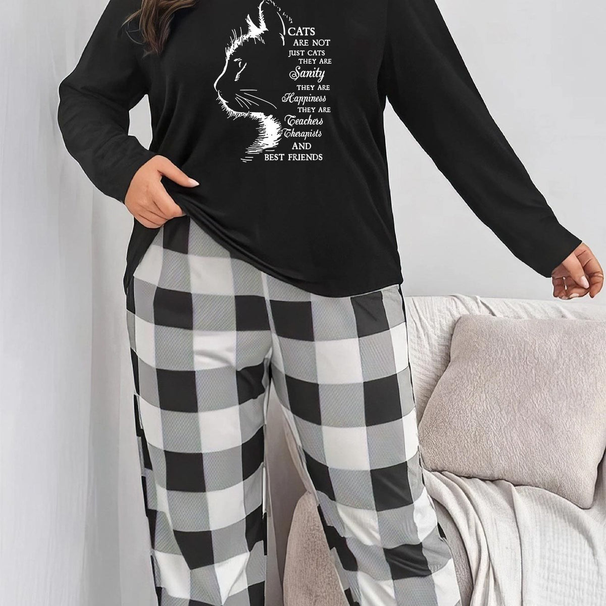  Cat Print Pajama Set: Top & Plaid Pants
