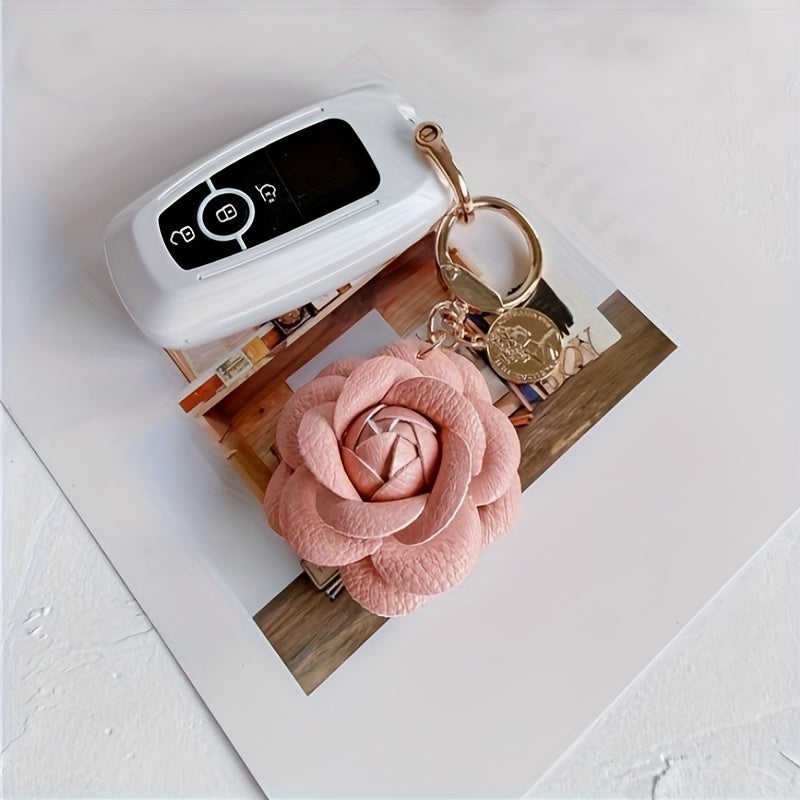 Faux Leather Camellia Car Keychain for Backpack