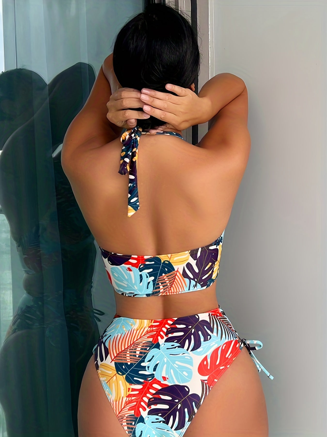 Leaf Print Halter Neck Bikini Set V Neck High Cut Tie Side Cut Out Swimsuit