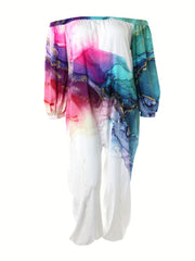  Marble Print Off Shoulder Lantern Sleeve Jumpsuit