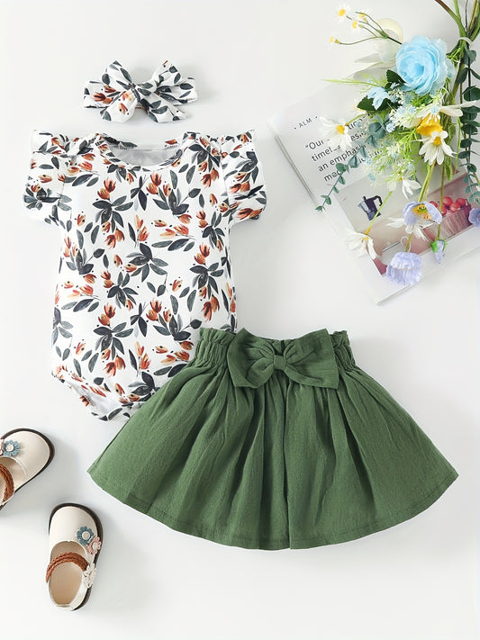 Baby Girl's Casual 3pc Set Leaf Sleeveless Romper Elastic Pants Headscarf
