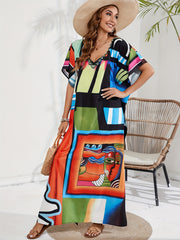  Geo Print Batwing Sleeve V-Neck Split Kaftan Cover Up