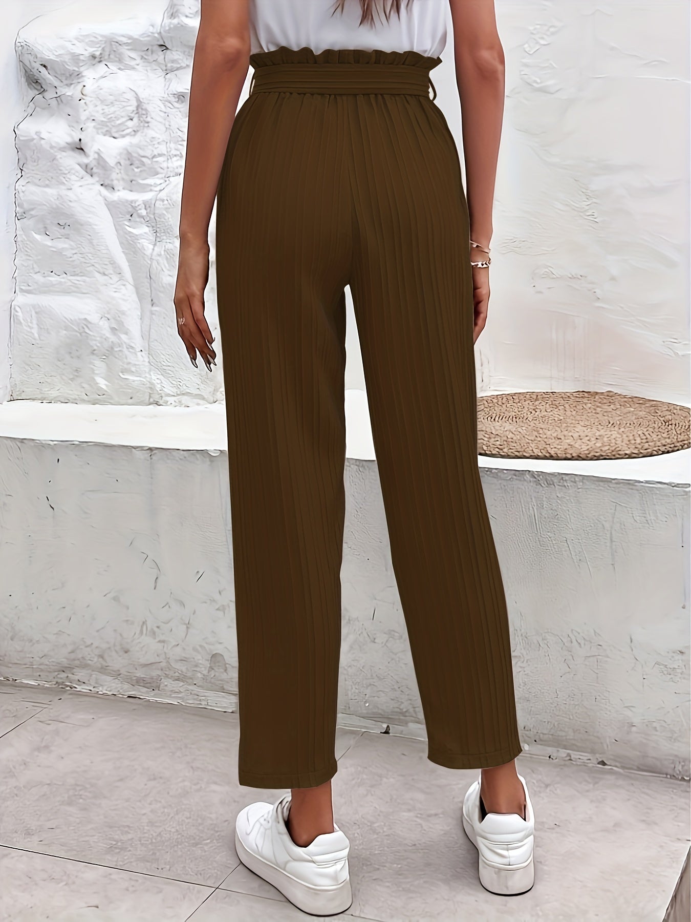 Paper Bag Waist Pants with Belt Straight Leg