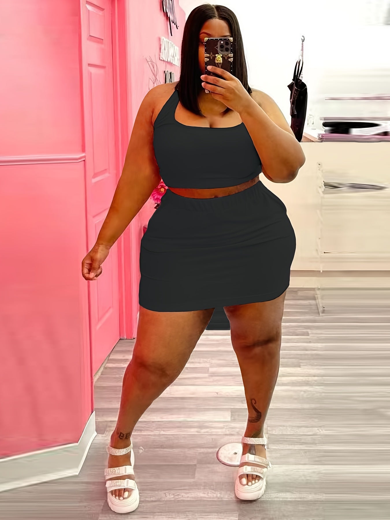  Solid Halter Neck Cami Top & Mini Skirt Set