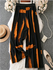Plus Size Brush Print Wide Leg Pants with Bow Knot Front