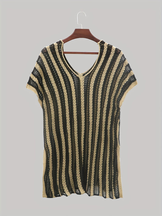 Contrast Sexy Cover Up Crochet Stripped Short Sleeve Plus Size Shirt
