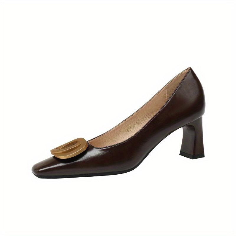 Women's Metal Buckle Chunky Heels Slip On Pumps