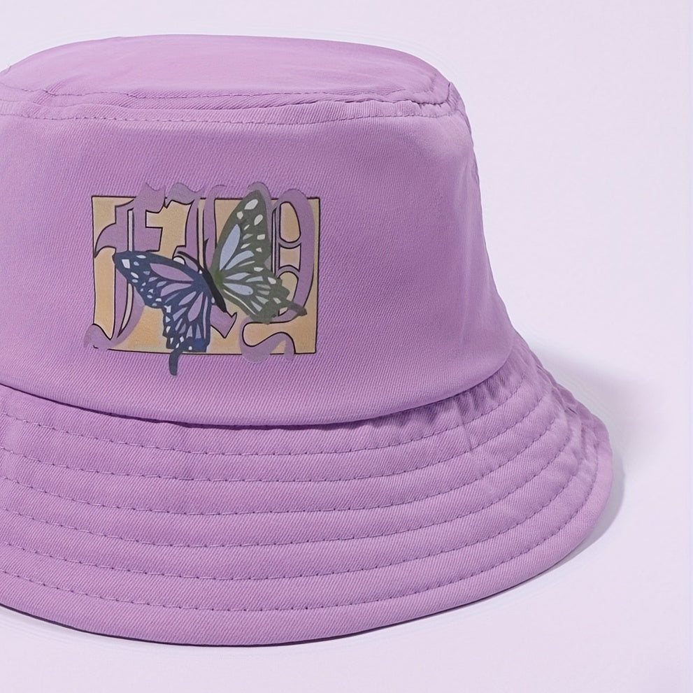Purple Butterfly Print Bucket Hat Y2K Sunscreen Fisherman Cap