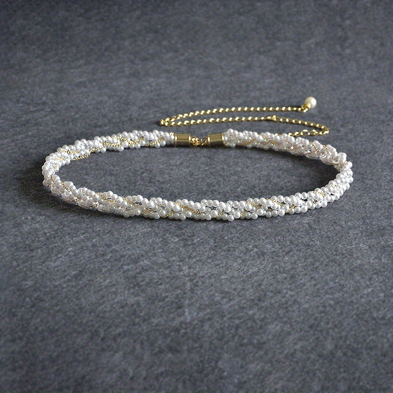Faux Pearl Braided Belt Crystal Tassel Metal Waistband Decorative Dress Girdle