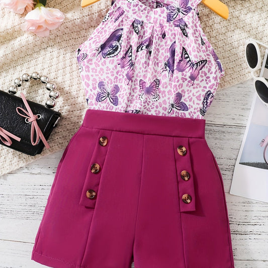 Girls' Leopard Halter Top & Button Shorts Set for Party Beach Vacation