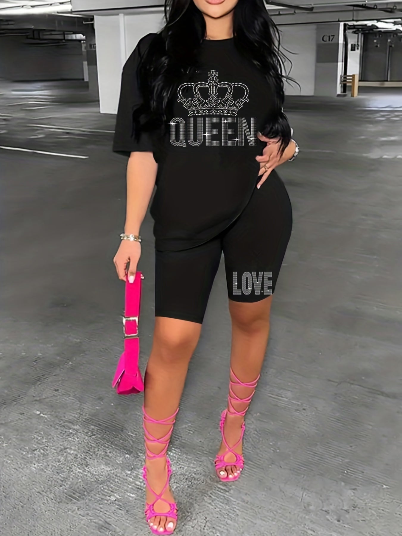 Women's Plus Rhinestone Crown & Letter Tee & Shorts Set