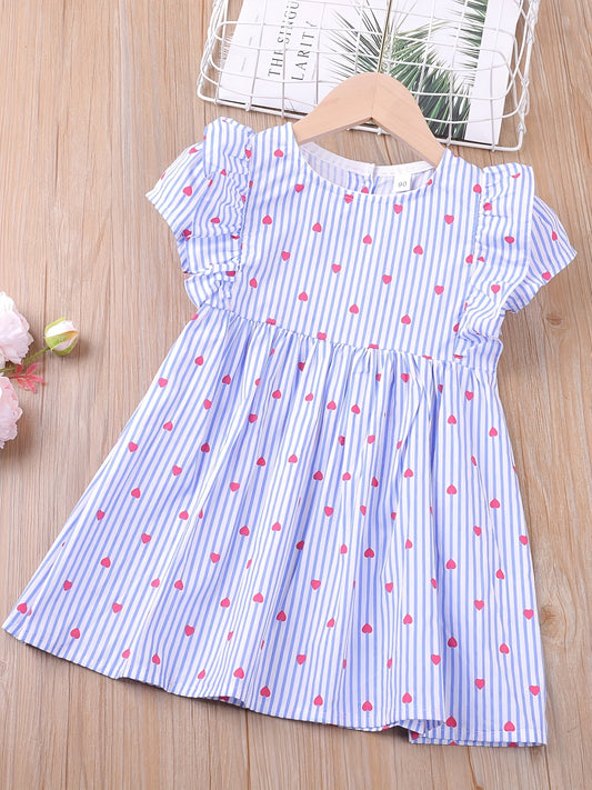 Toddler Girls Puff Sleeve Ruffle Trim Stripe Heart Graphic Princess Dress
