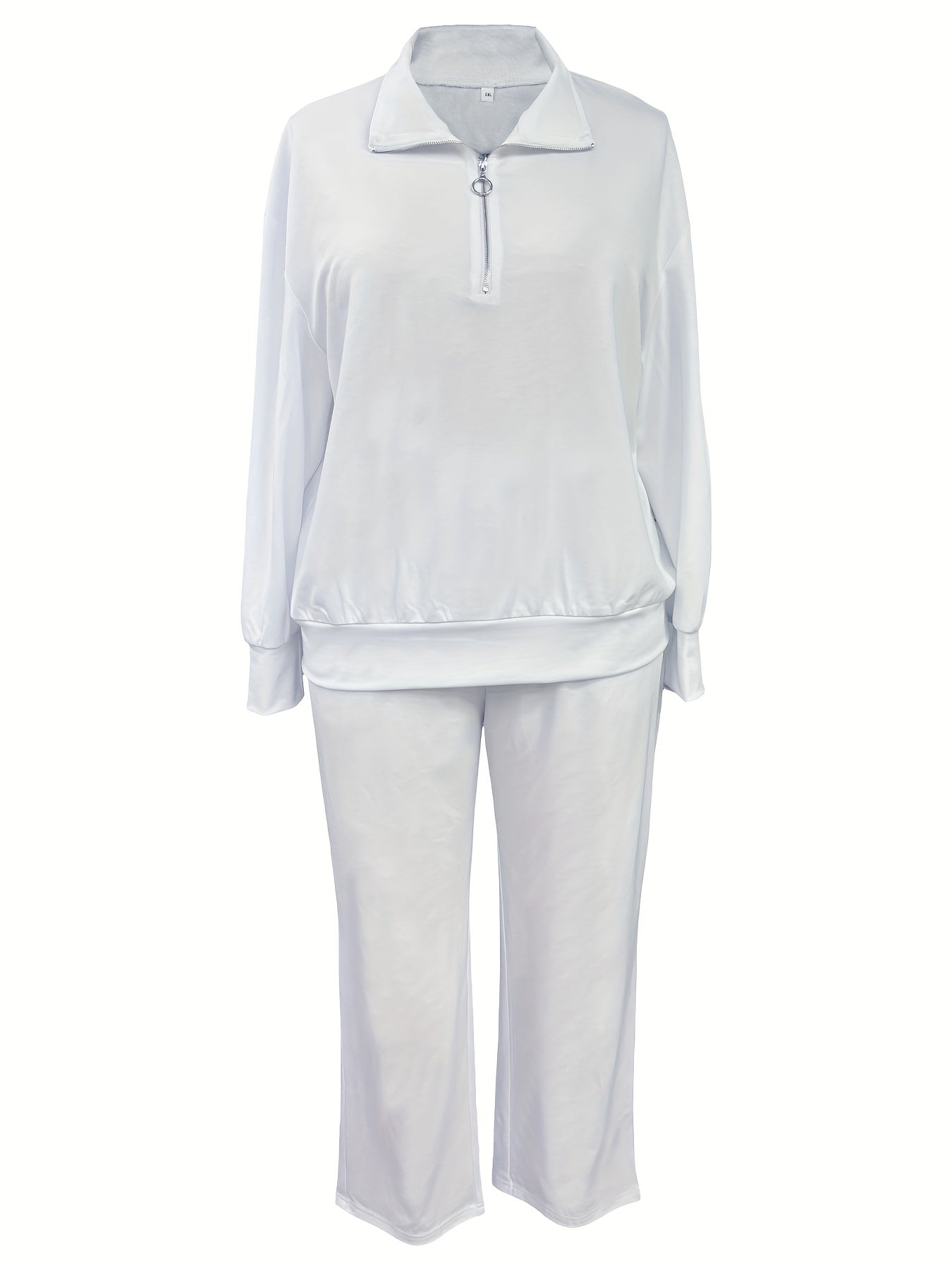Women's Plus Size Casual Outfits Set Solid Half Zipper Lapel Collar Top & Straig