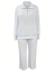 Women's Plus Size Casual Outfits Set Solid Half Zipper Lapel Collar Top & Straig