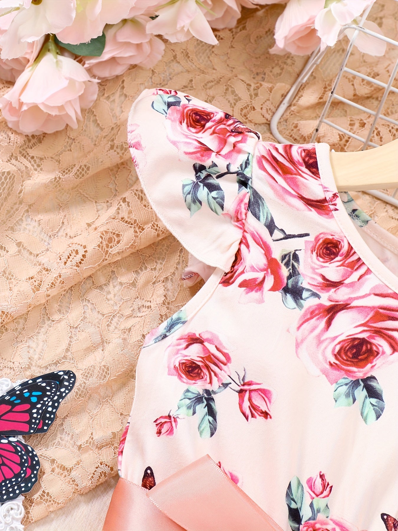 Girls Flower Sleeveless Ruffled Mesh Princess Dress With Belt