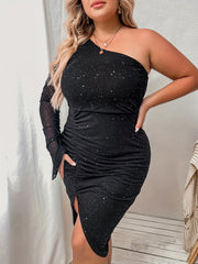 Plus Size Glitter Split Party Dress One Shoulder Midi Dress