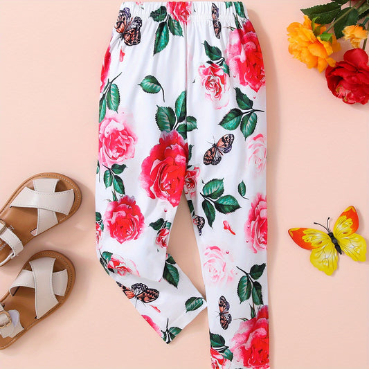 Baby Girls Floral Butterfly Elastic Waist Pants for Summer Spring