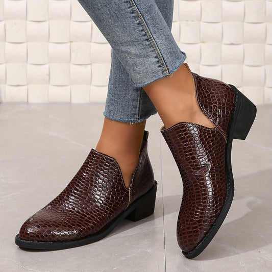 Crocodile Pattern Chunky Heel Ankle Boots