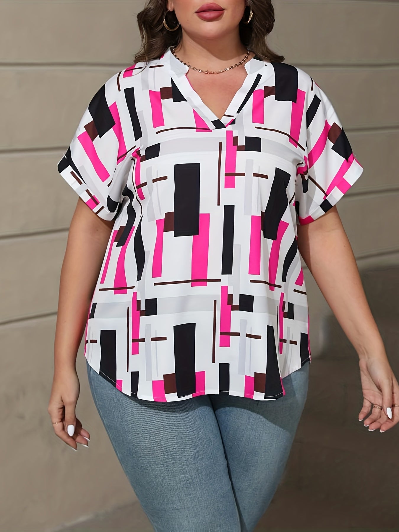  Geometric Print Short Sleeve Notched Neck Blouse