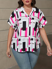  Geometric Print Short Sleeve Notched Neck Blouse