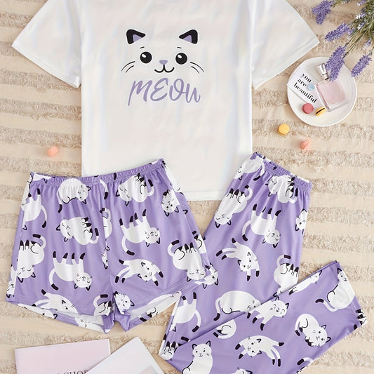 Cat Print Pajamas Set Short Sleeve Top & Shorts & Pants