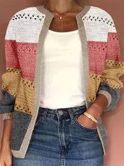  Colorblock Knitted Long Sleeve Open Front Stretch Cardigan