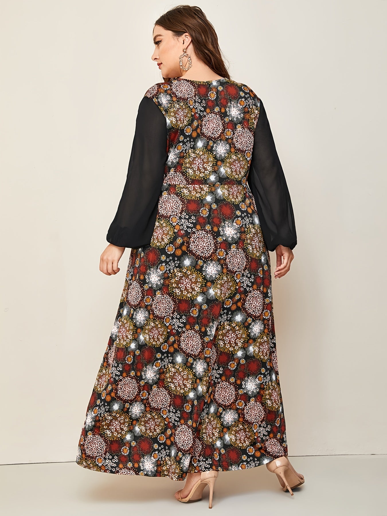  Mesh Floral Print Long Sleeve Maxi Dress Women's Boho Long Dress