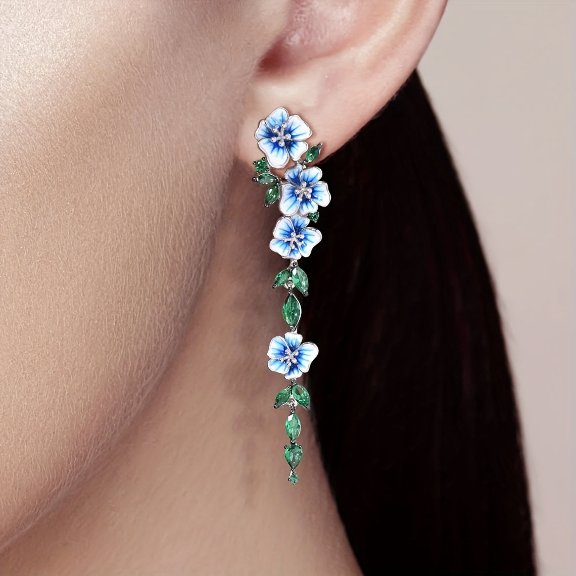 Emerald Synthetic Gem Flower Chain Dangle Earrings