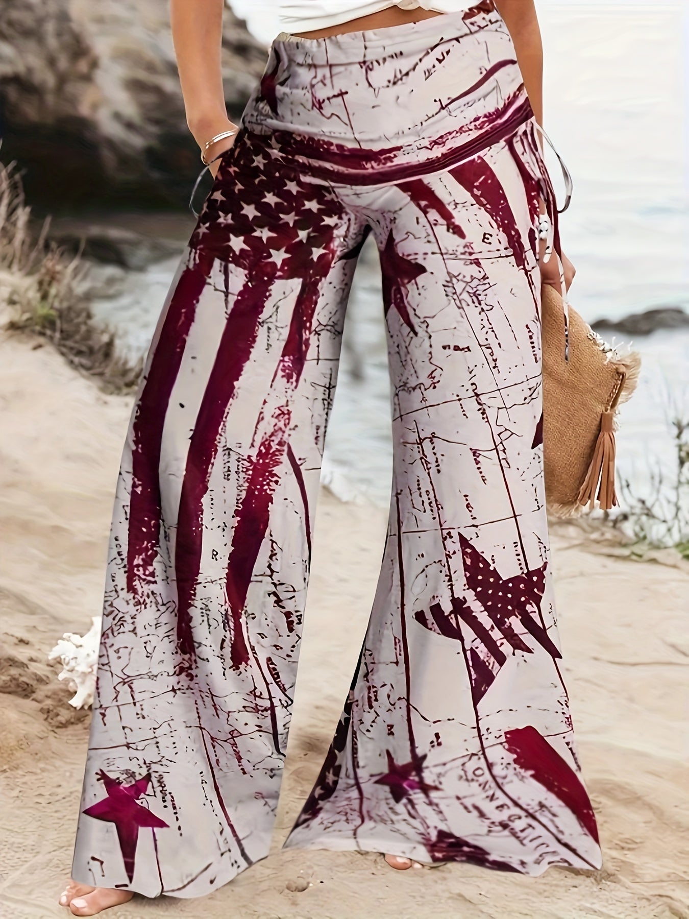 Independence Women's Plus Star & Stripe Ruched Flared Leg Pants