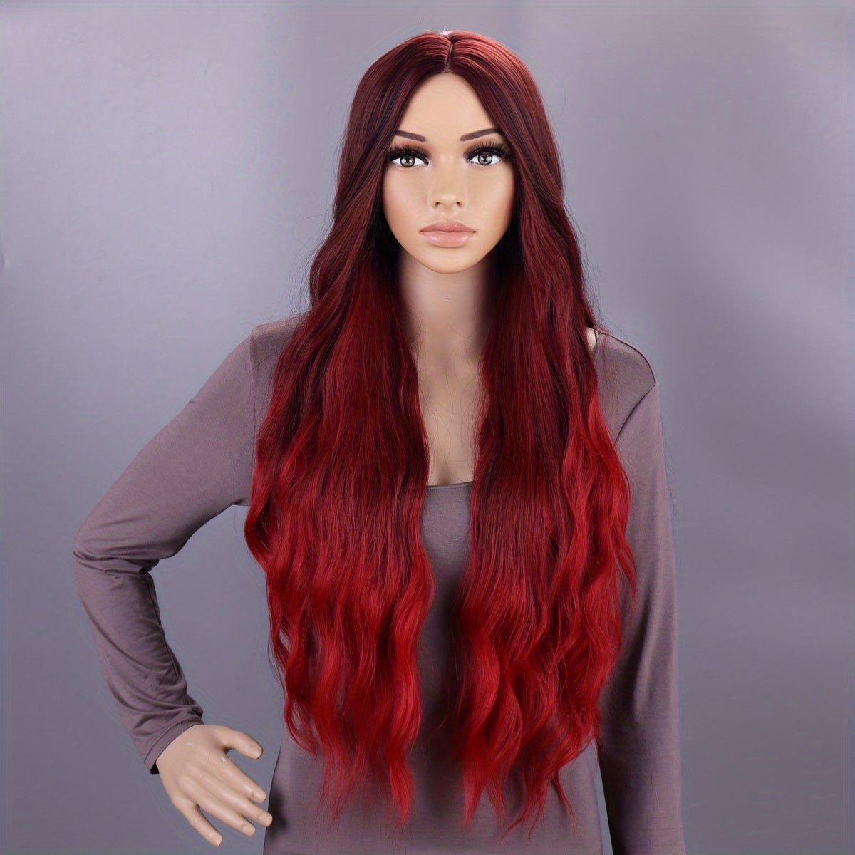 Long Burgundy Wavy Wig - Curly Hair Synthetic Heat Resistant Fiber