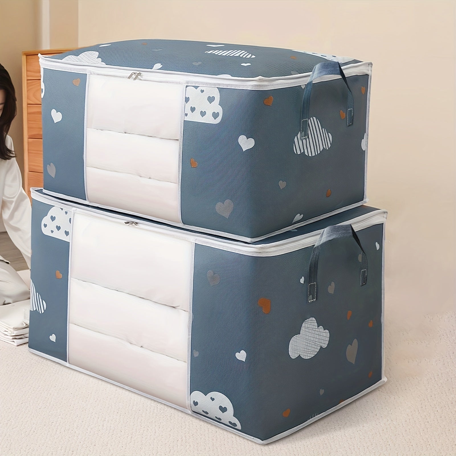 Large Cartoon Print Bedding Storage Bag with Zipper & Handle