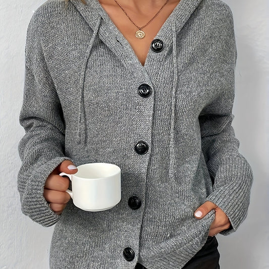  Solid Button Up Hooded Cardigan