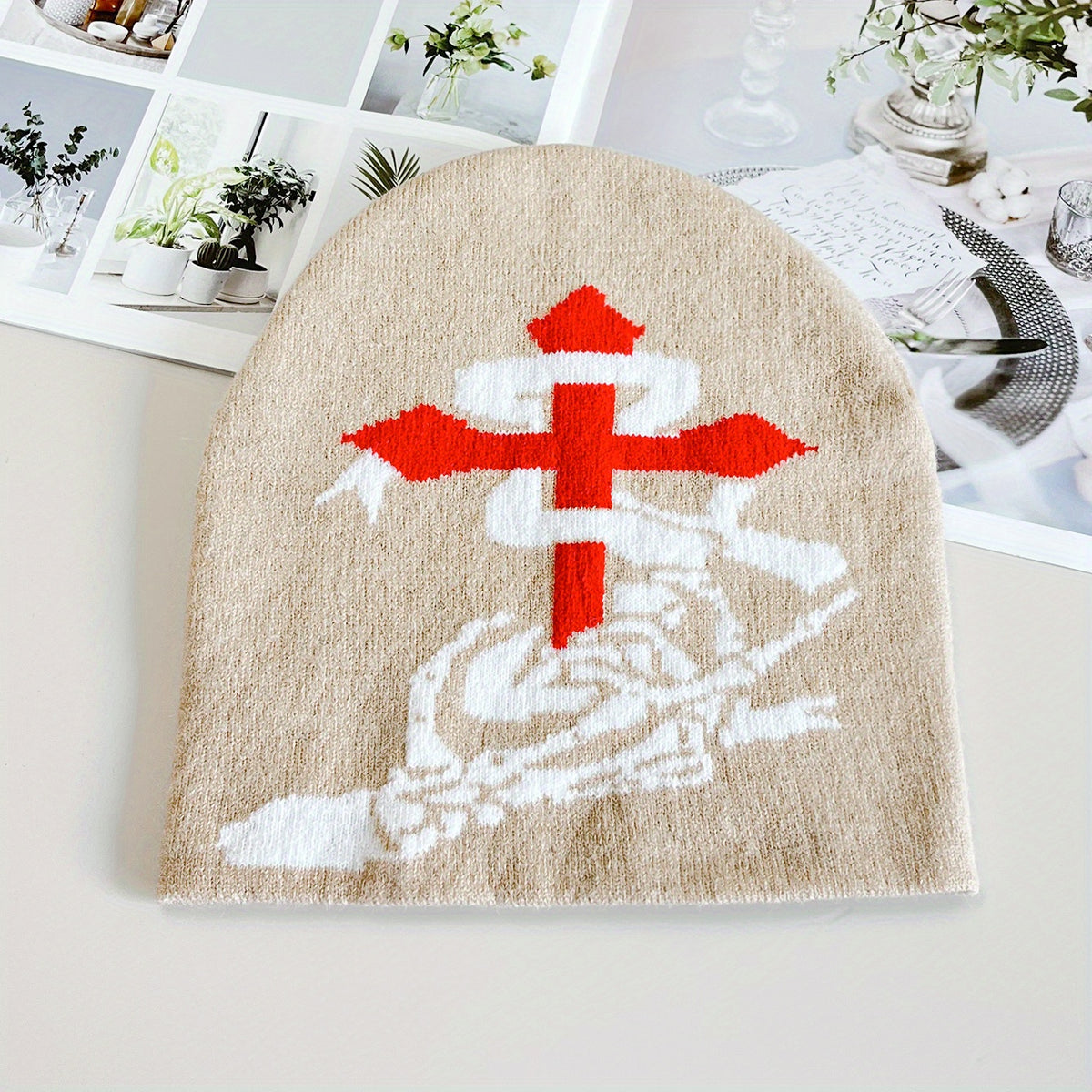 Skull Snake Cross Jacquard Beanie Soft Elastic Knit Hat Khaki