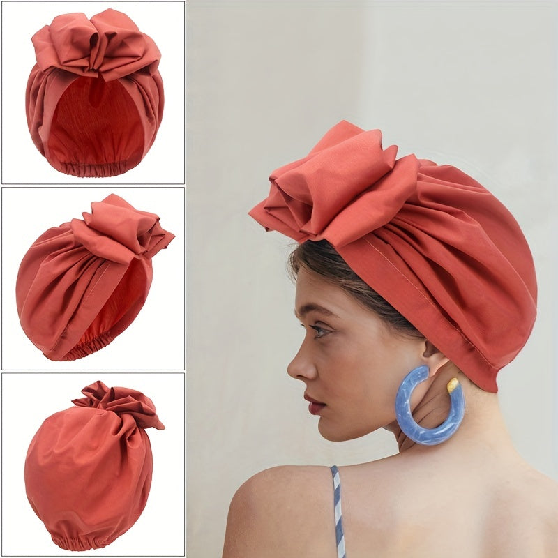 Vintage French Style Turban Cap Solid Pleated Headwrap Plate Flower Head Scarf