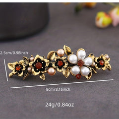 Vintage Metal Flower Hair Clip French Barrette with Faux Pearls