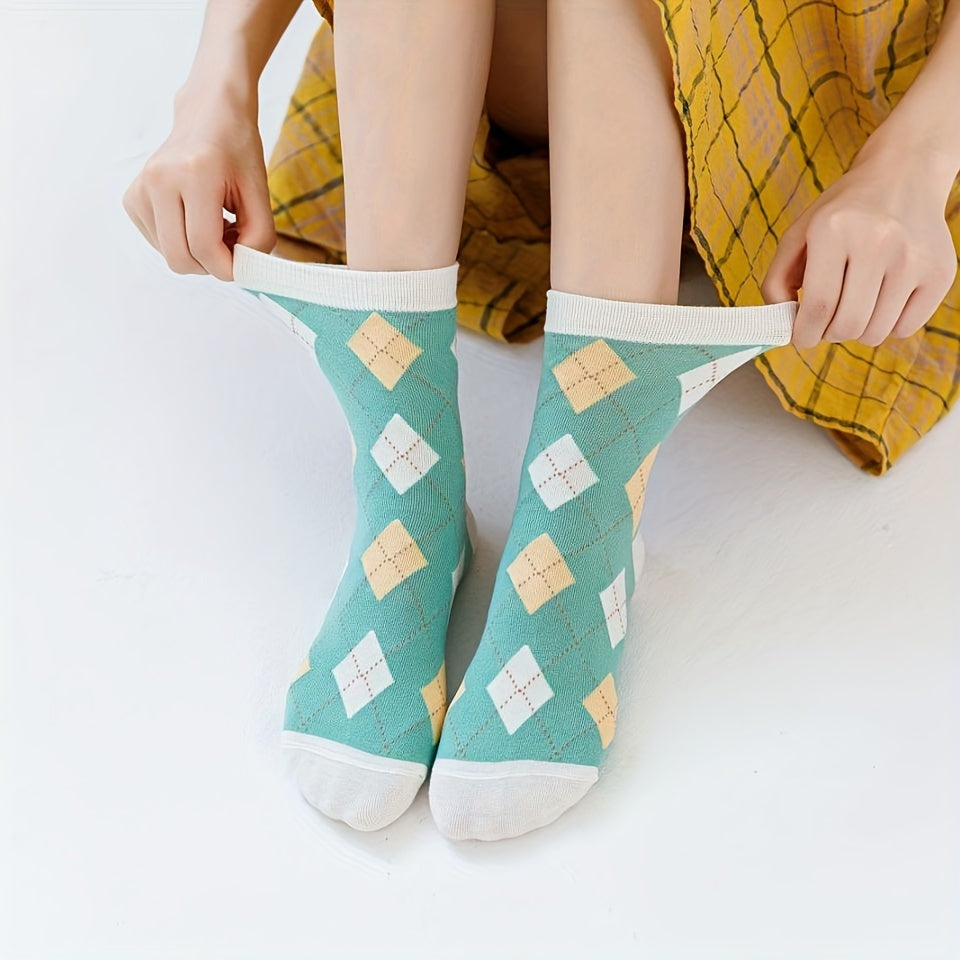 Cat & Plaid Print Socks Women's Mid Tube Stockings