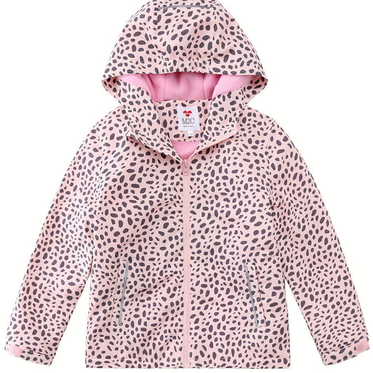 Girls Leopard Print Hooded Jacket Waterproof Windproof Fleece Lining