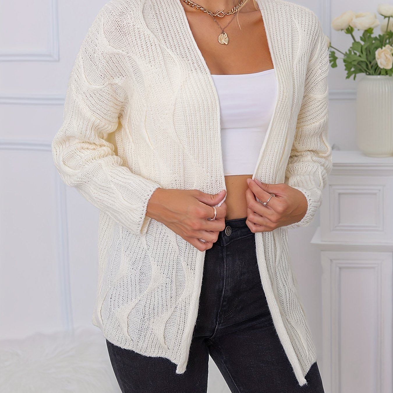  Solid Long Sleeve Open Front Cardigan