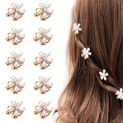 10pcs Faux Pearl Hair Clips with Flower Embellishments